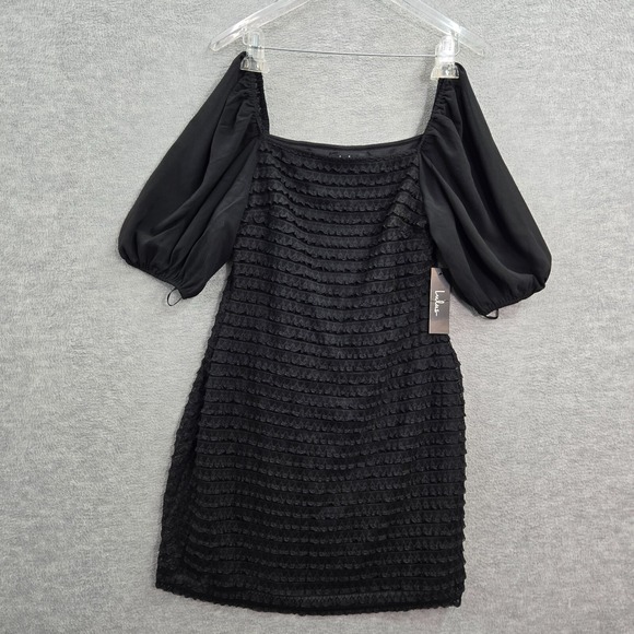 Lulus Women Dress Large Black Endearing Intrigue Lace Puff Sleeve Bodycon NWT - Picture 1 of 12